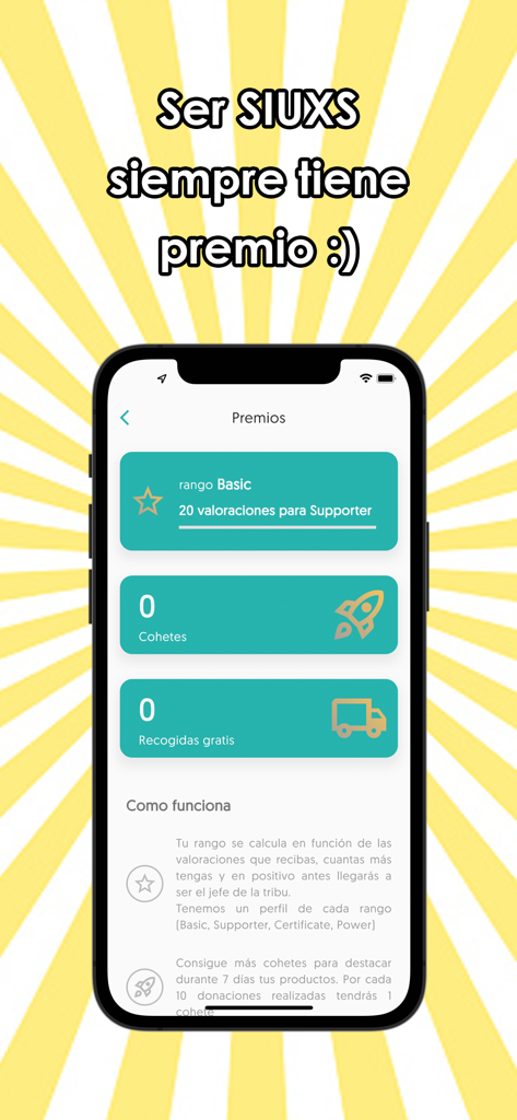 Siuxs - Interface do aplicativo Siuxs exibindo o status de recompensa e as informações de classificação do usuário