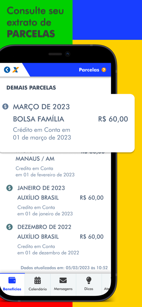 Bolsa Família - Mobile screen of Bolsa Familia app showing benefit payment history and installment details