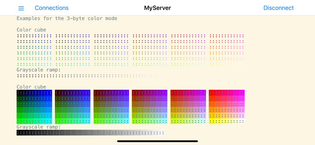 SecureCRT - SecureCRT terminal screen showing 3-byte color mode with color cubes and grayscale ramps