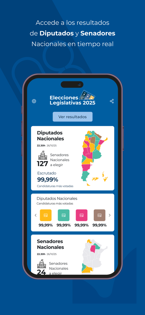 Interface of the Elecciones Legislativas 2025 app showing real-time election results for national deputies and senators in Argentina