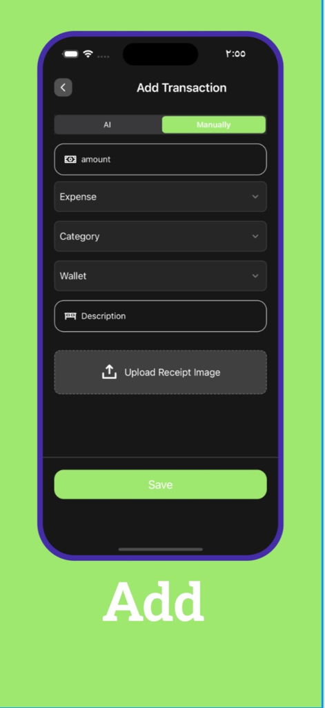 SpendWise: PFM - Manual transaction entry screen in the SpendWise personal finance app showing fields for amount, category, and receipt upload.