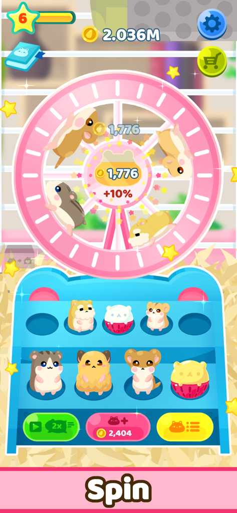 Hamster House! - A mobile game screen showing cute hamsters on a pink spinning wheel and a blue animal collection shelf.