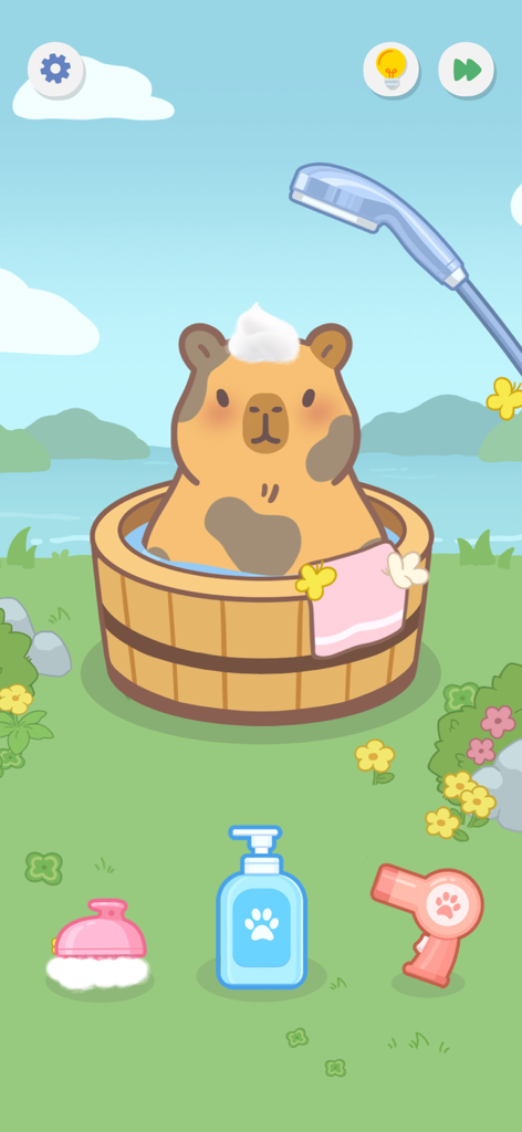 SatisPuzzle: Perfect Tidy - Capivara tomando banho em uma banheira de madeira com ferramentas de higiene em SatisPuzzle