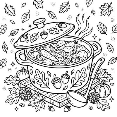 Dive into the flavors of fall with this heartwarming beef stew coloring page, specially designed for kids. Featuring a delicious pot of stew nestled among autumn leaves and pumpkins, it's the perfect creative activity for a cozy day.
