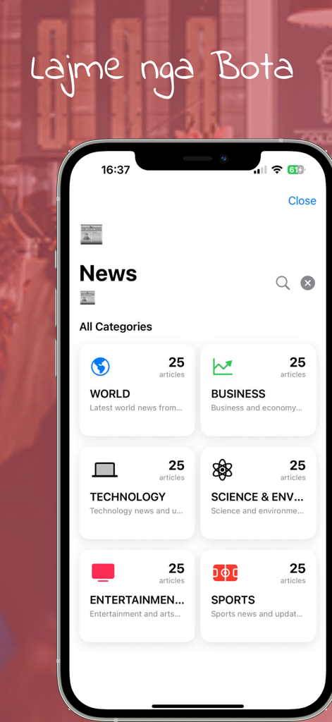 Shqip FM – Muzikë & Lajme - Shqip FM app news section displaying categories for world business and technology news