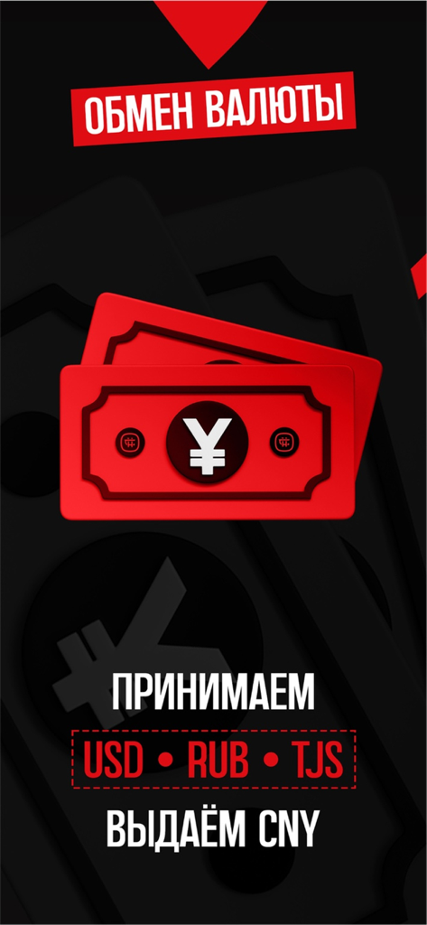 Écran de conversion de devises montrant la conversion de USD, RUB et TJS en CNY pour l'achat de produits chinois.