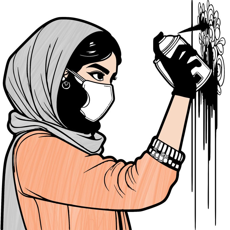 realistic girl with mask spray painting a wall