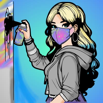 realistic girl with mask spray painting a wall