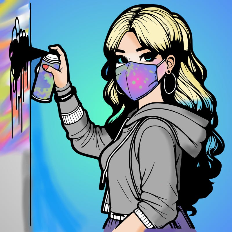 realistic girl with mask spray painting a wall