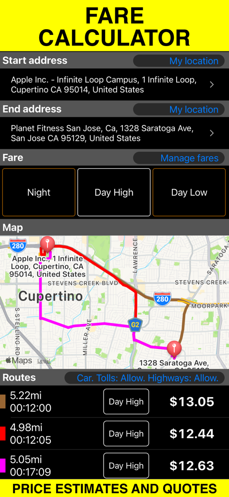 Taximeter app fare calculator displaying price estimates and route options on a map