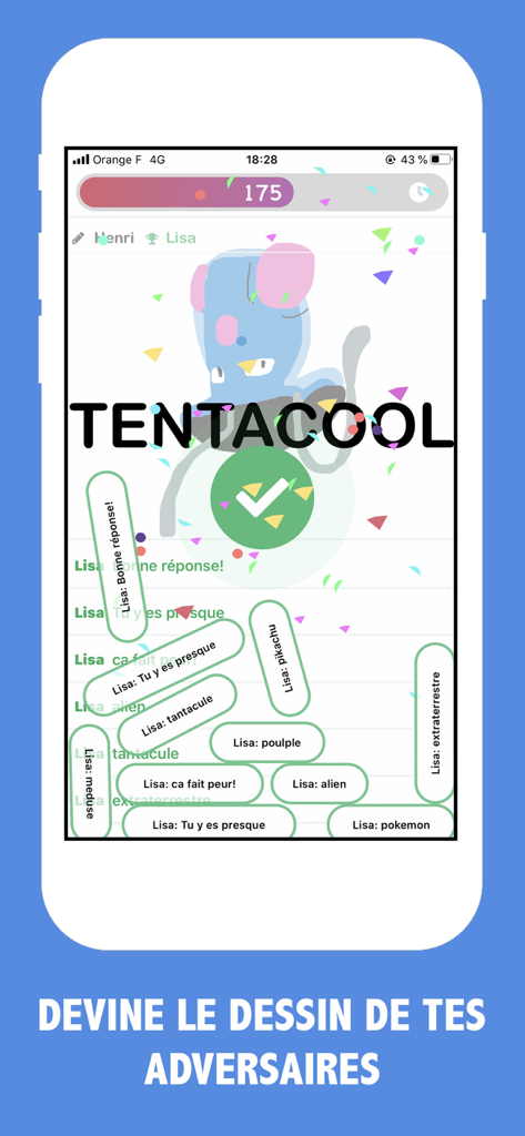 A mobile game interface showing a correct guess for a drawing of Tentacool with a green checkmark
