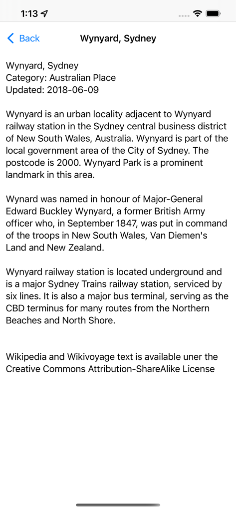 Screenshot of the WikiPal Oceania app showing historical and geographical details for Wynyard in Sydney