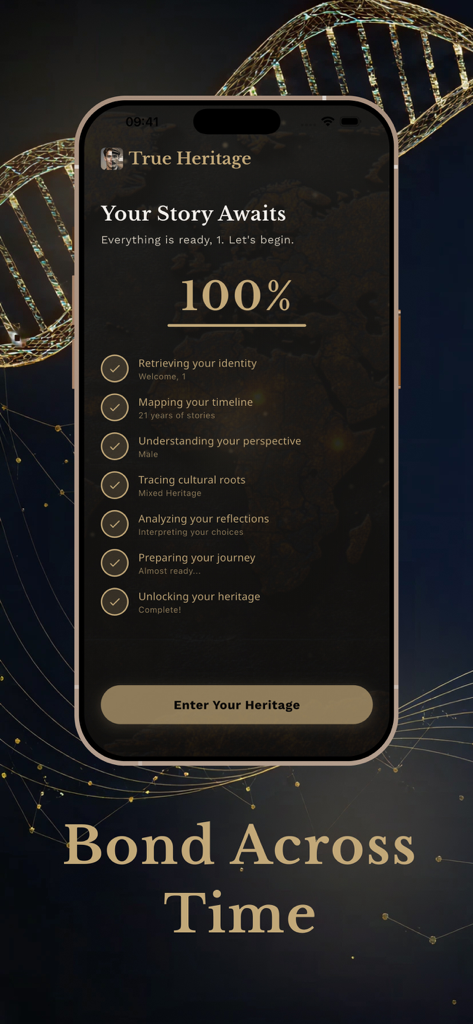 True Heritage & Ancestry DNA - True Heritageアプリのインターフェース、祖先分析が100％完了したことを示し、遺産を入力するボタンがあります