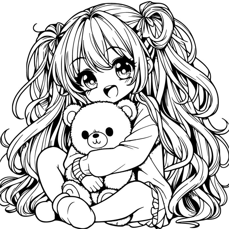 manga girl, long curly hair, happy, cuddling a teddy bear