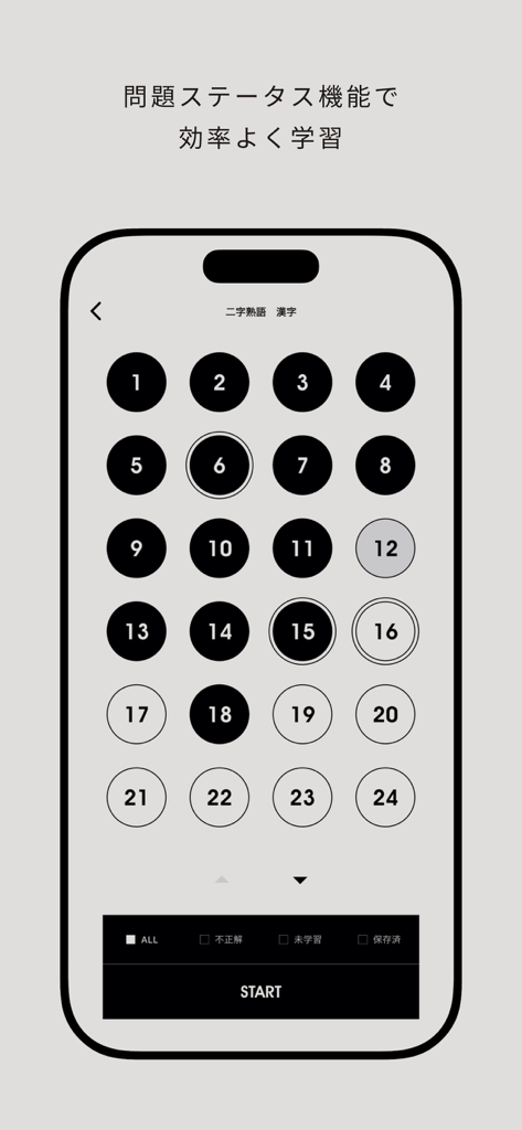 SCOA対策 言語　就活・転職対策アプリ - 学習進捗インジケータ付きのSCOA言語試験の練習問題の番号付きグリッドを表示するモバイルアプリインターフェイス。