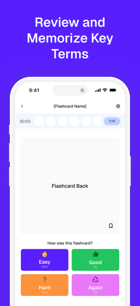 StudyFetch: Make Learning Easy - Interface do aplicativo móvel StudyFetch mostrando uma tela de revisão de flashcards com opções de repetição espaçada como fácil bom e difícil