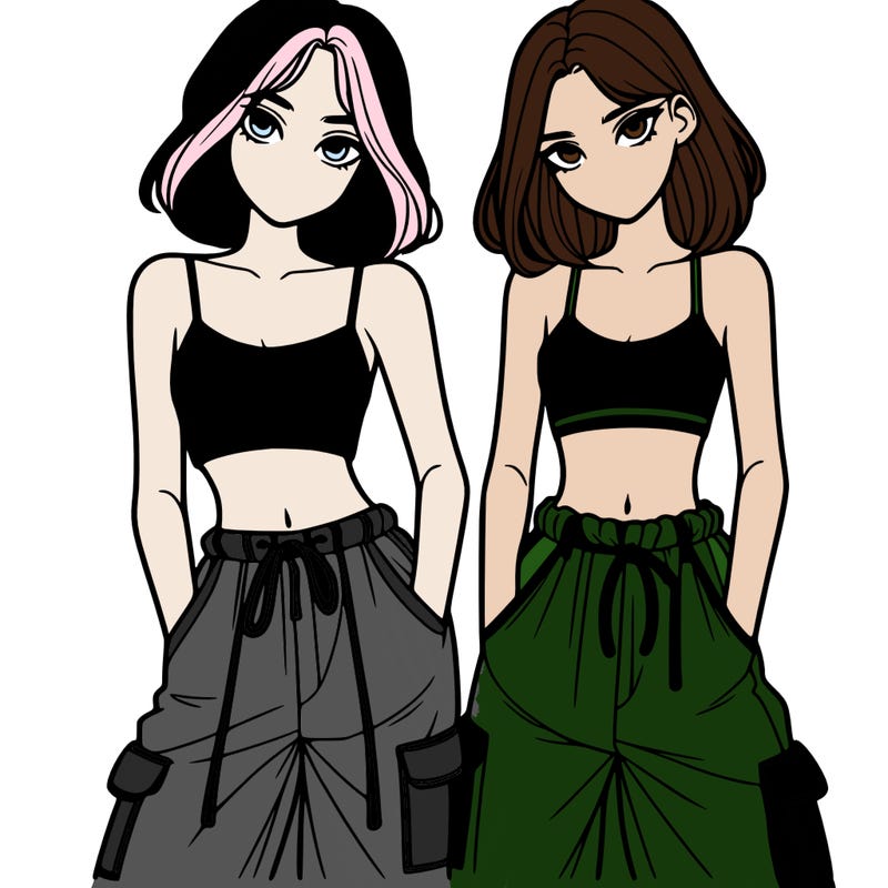 two girls with crop top with baggy pants