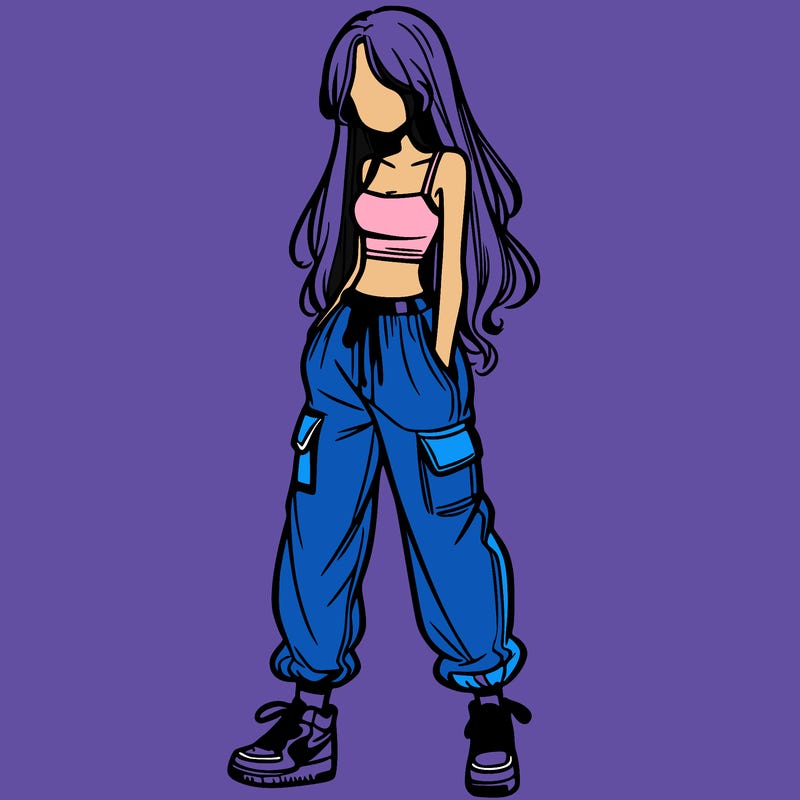 girl in baggy pants crop top and long hair