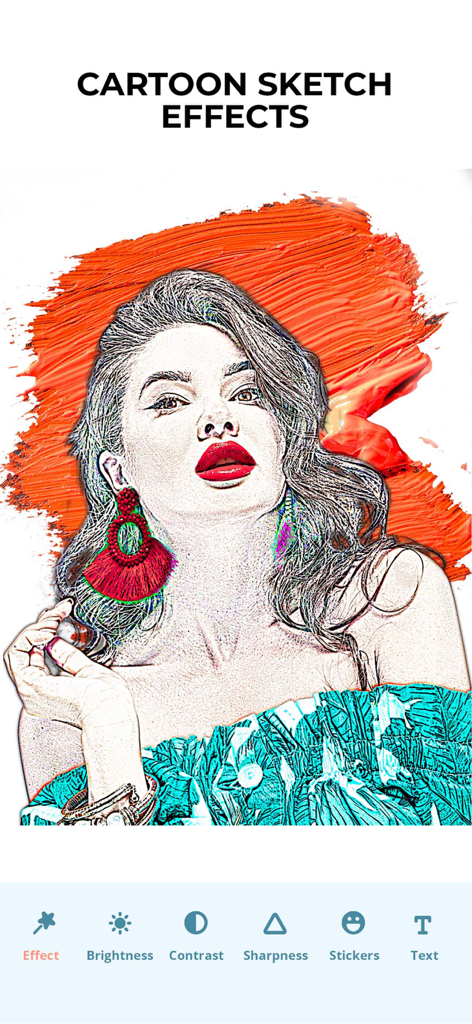 Drawing Apps Pencil Art apps - A woman portrait with a cartoon sketch filter and a vibrant orange paint stroke background in a photo editing app interface