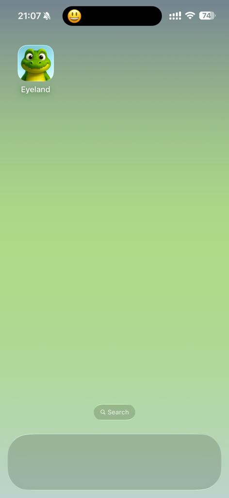 Pantalla de inicio del iPhone con el icono de la aplicación Eyeland y un simpático compañero de ojos sonriente en la Isla Dinámica.