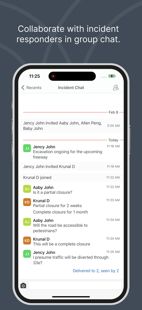 L'application mobile Everbridge affiche un écran de chat d'incident pour la collaboration de groupe lors d'événements d'urgence.