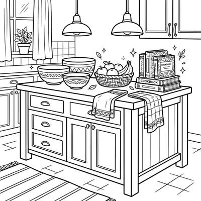 Step into a charming kitchen scene with this detailed coloring page, perfect for seniors seeking a relaxing creative outlet. Featuring a beautifully adorned kitchen island, it offers clear lines and engaging elements to bring to life with your favorite colors.