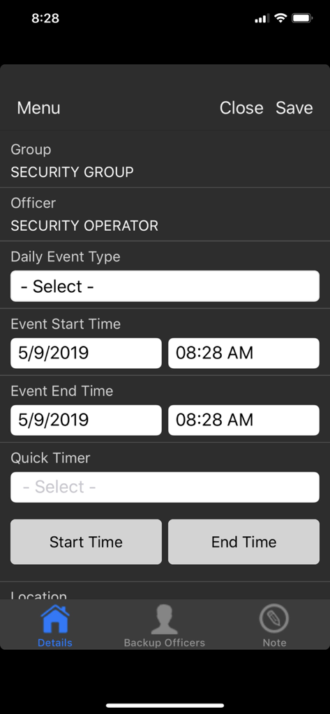Interfaccia del software mobile Omnigo per gli addetti alla sicurezza per registrare eventi giornalieri e tempi di pattuglia