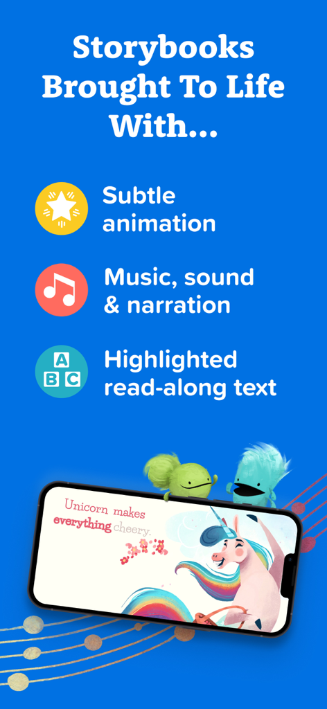 Vooks app features showing subtle animation, music, and highlighted read-along text on a smartphone screen.