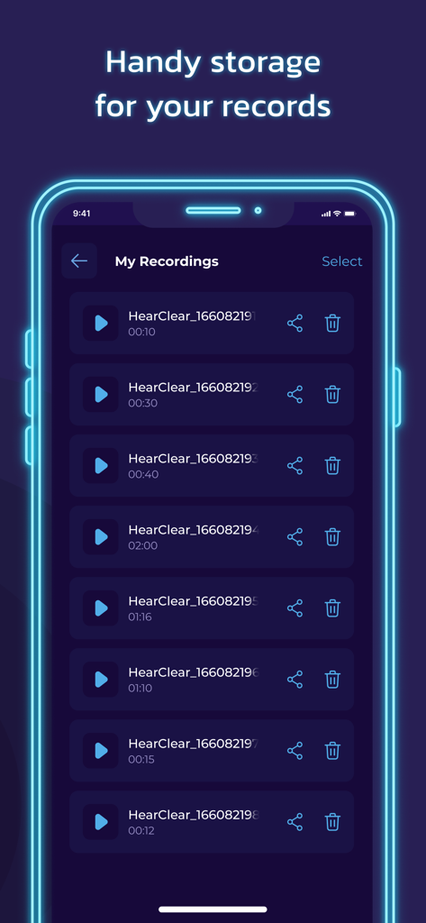 Hearing Amplifier: Clear Sound - Smartphone displaying a list of audio recordings within the Hearing Amplifier app under the My Recordings section.
