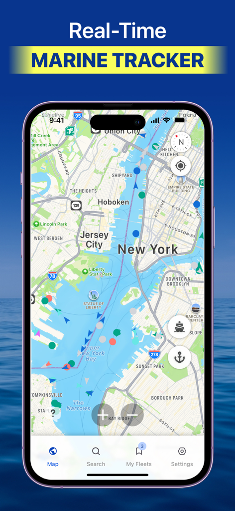 Carte de suivi maritime en temps réel montrant les positions des navires autour de New York dans l'application Vessel Finder.