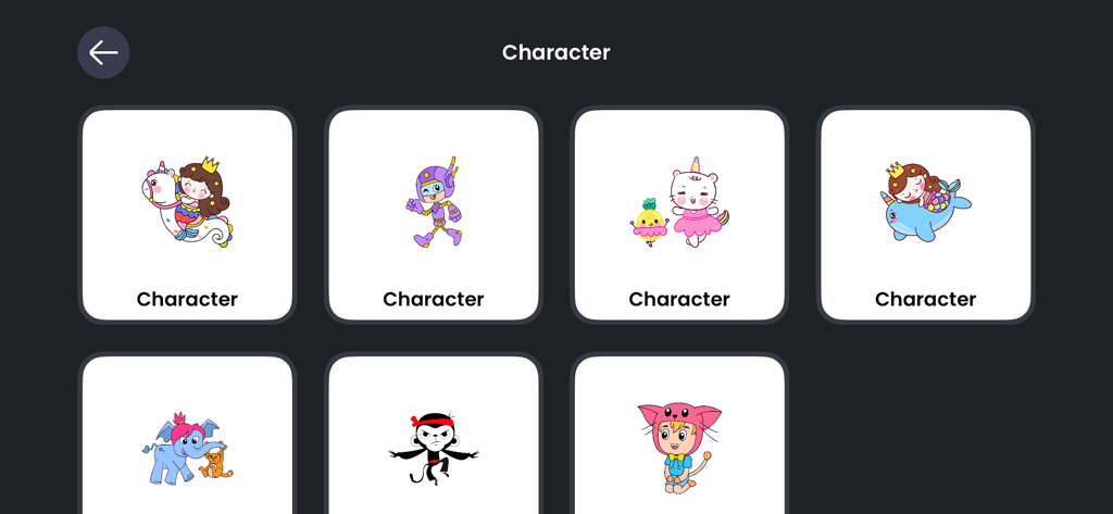 Character selection menu featuring various cartoon animals and people in the ArtWork Simply Draw app.