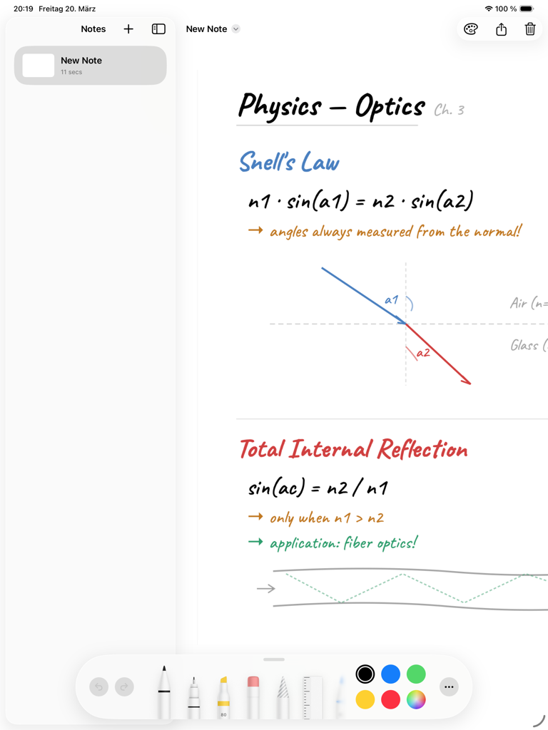 Pencil for Notionを使用してiPadに手書きされた、数式と図を含む物理学のノート