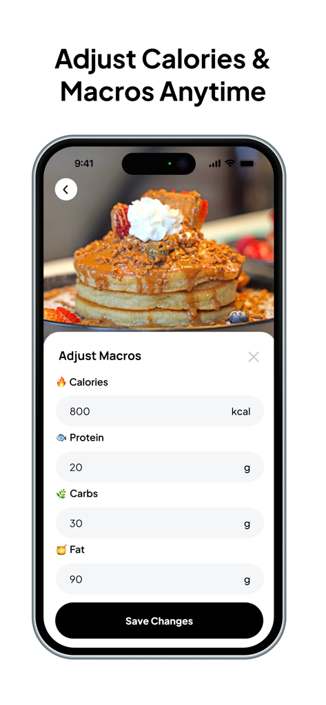 Cal AI app interface showing a photo of pancakes with a menu to manually adjust calories and nutritional macro values