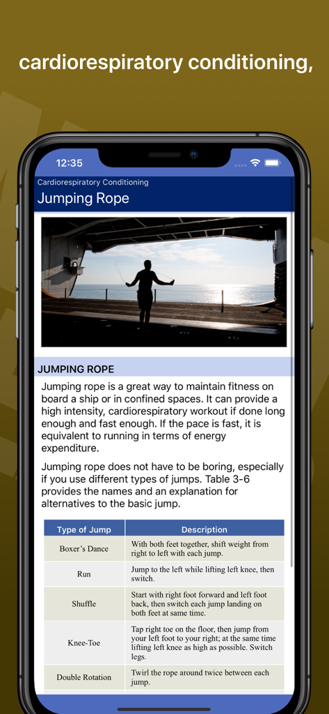 Navy SEAL Fitness app screen showing jumping rope cardiorespiratory conditioning and jump variations