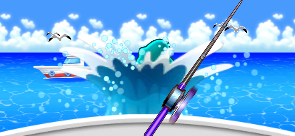 Um minijogo de pesca em Cooking Mama Let's Cook mostrando uma vara de pescar e um peixe espirrando no mar