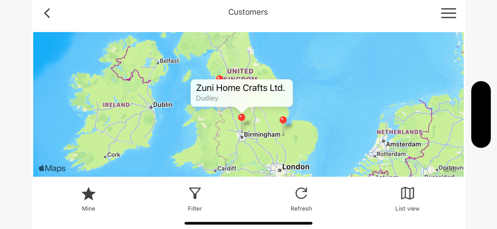 Interfaccia mappa dell'app MobileNAV che mostra la posizione di un cliente fissata per la pianificazione dell'assistenza sul campo