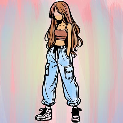 girl in baggy pants crop top and long hair
