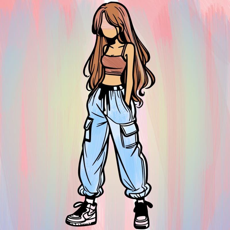 girl in baggy pants crop top and long hair