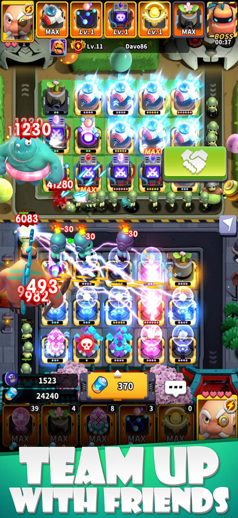 Random TD mobile game screenshot showing two players cooperating in a tower defense battle with the text Team up with friends