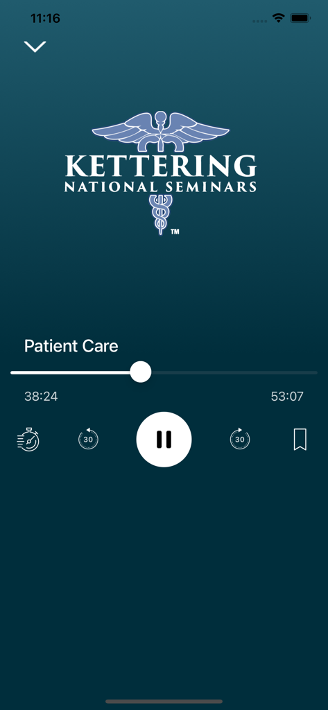 Rad Tech Audio - Interface de lecteur audio dans l'application Rad Tech Audio montrant une conférence sur les soins aux patients.