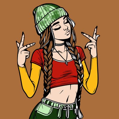 realistic teenage girl with braids and a beanie and crop top doing 🫶🏼