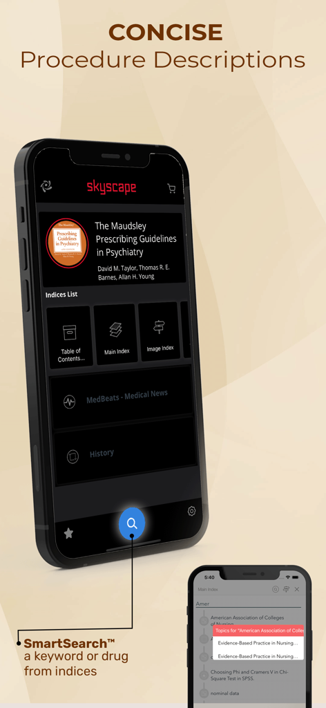 Maudsley Prescribing Guideline App Oberfläche auf einem Smartphone, die die SmartSearch-Funktion und medizinische Indizes hervorhebt