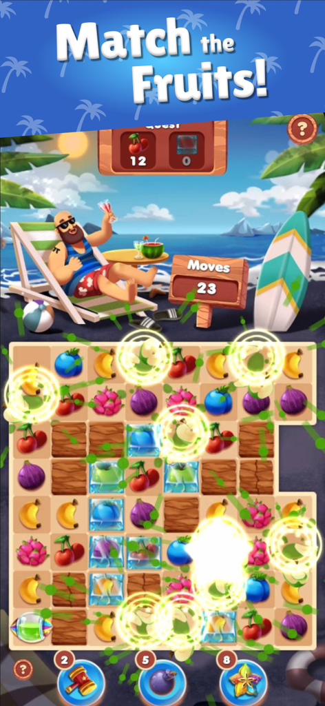 Tropical Crush: Lucky Match - 해변 배경의 과일 매칭을 보여주는 Tropical Crush 매치 3 퍼즐 게임 플레이