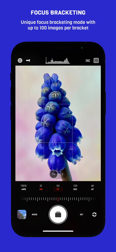 CameraPixels PRO - Focus bracketing interface in CameraPixels PRO app for high-detail macro photography