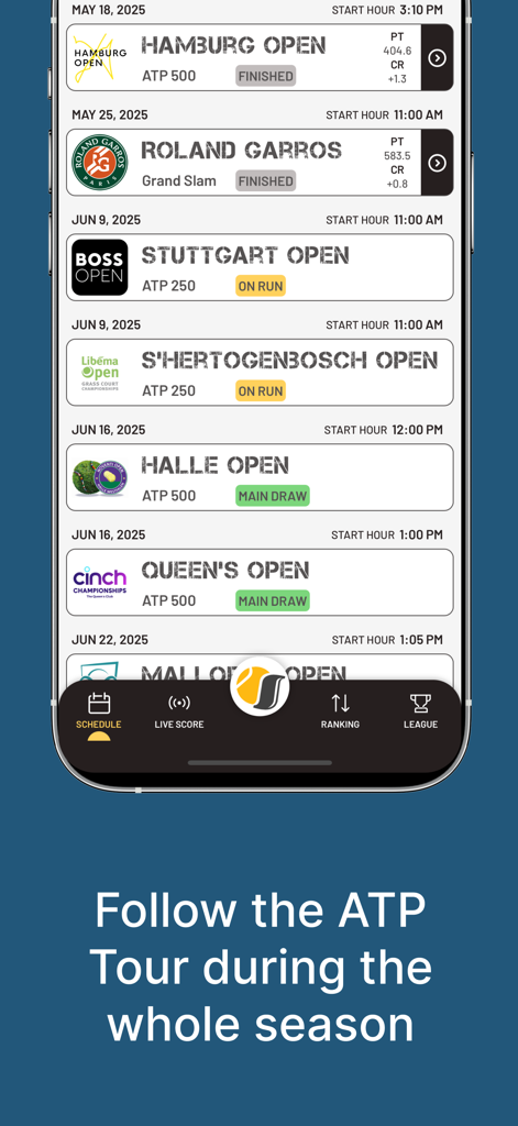 Mobile app interface showing a list of ATP Tour tennis tournaments like Roland Garros and Hamburg Open