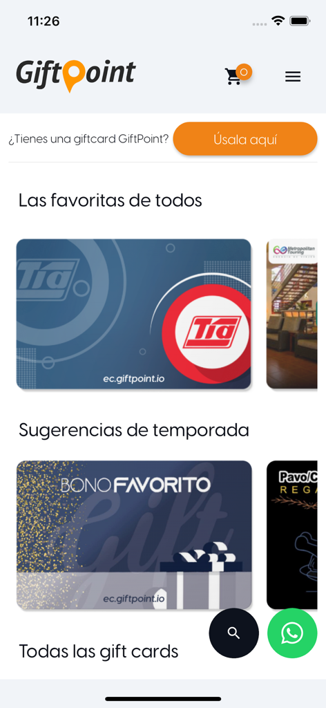GiftPoint - Mobile interface of the GiftPoint app showing a catalog of digital gift cards for corporate rewards and employee incentives
