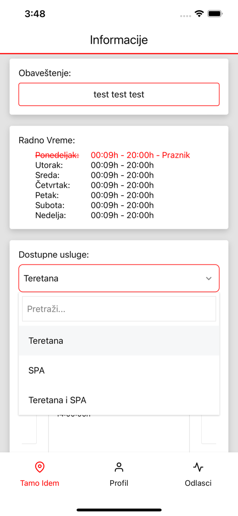 Facility information screen with opening hours and available services menu