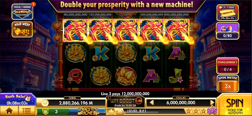 Black Diamond Casino Slots - Black Diamond Casino Slots gameplay showing a Chinese dragon themed slot machine with fire breathing dragons and big win payouts