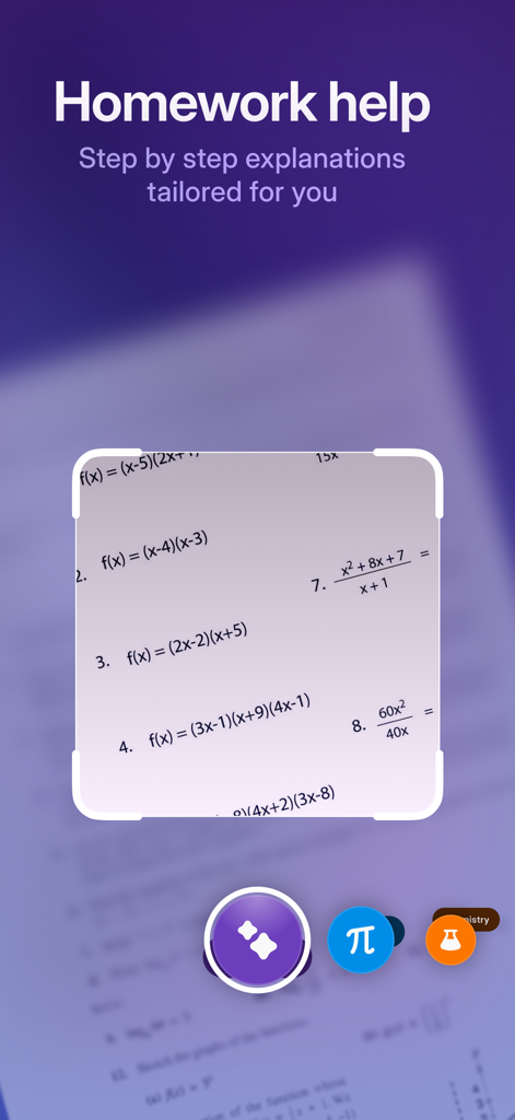 Knowunity: AI Study Tutor - Interface de l'application Knowunity montrant la fonctionnalité de scanner IA pour une aide instantanée étape par étape aux devoirs de mathématiques