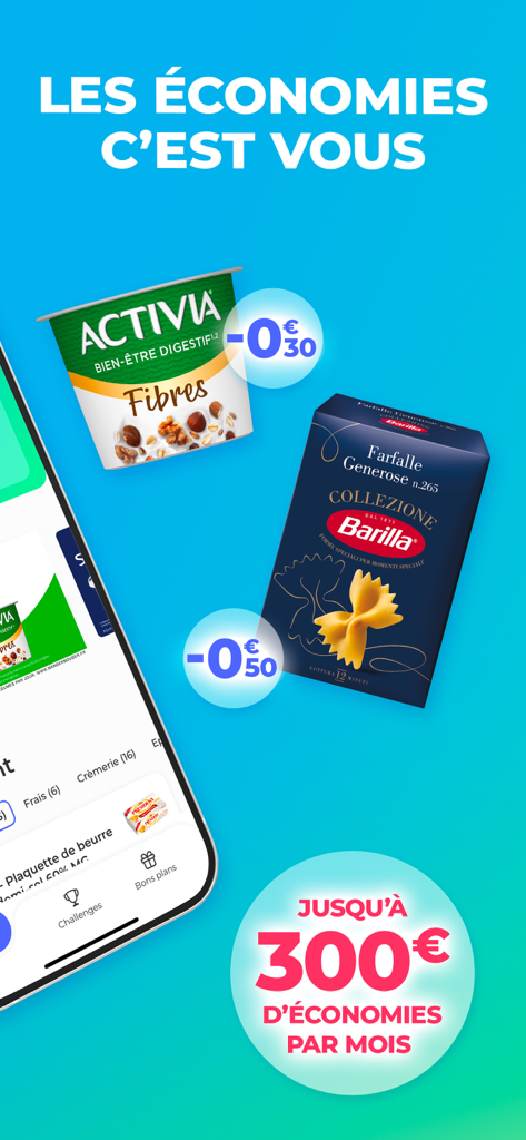 Smartphone showing Coupon Network app with grocery discounts on yogurt and pasta promising monthly savings.